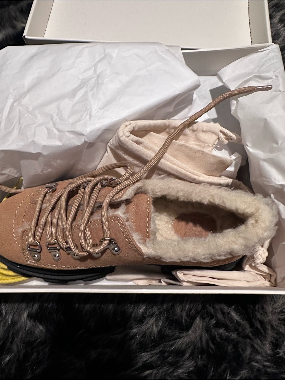 Ganni Tan Suede Lace-Up Lug Sole Boots with Shearling